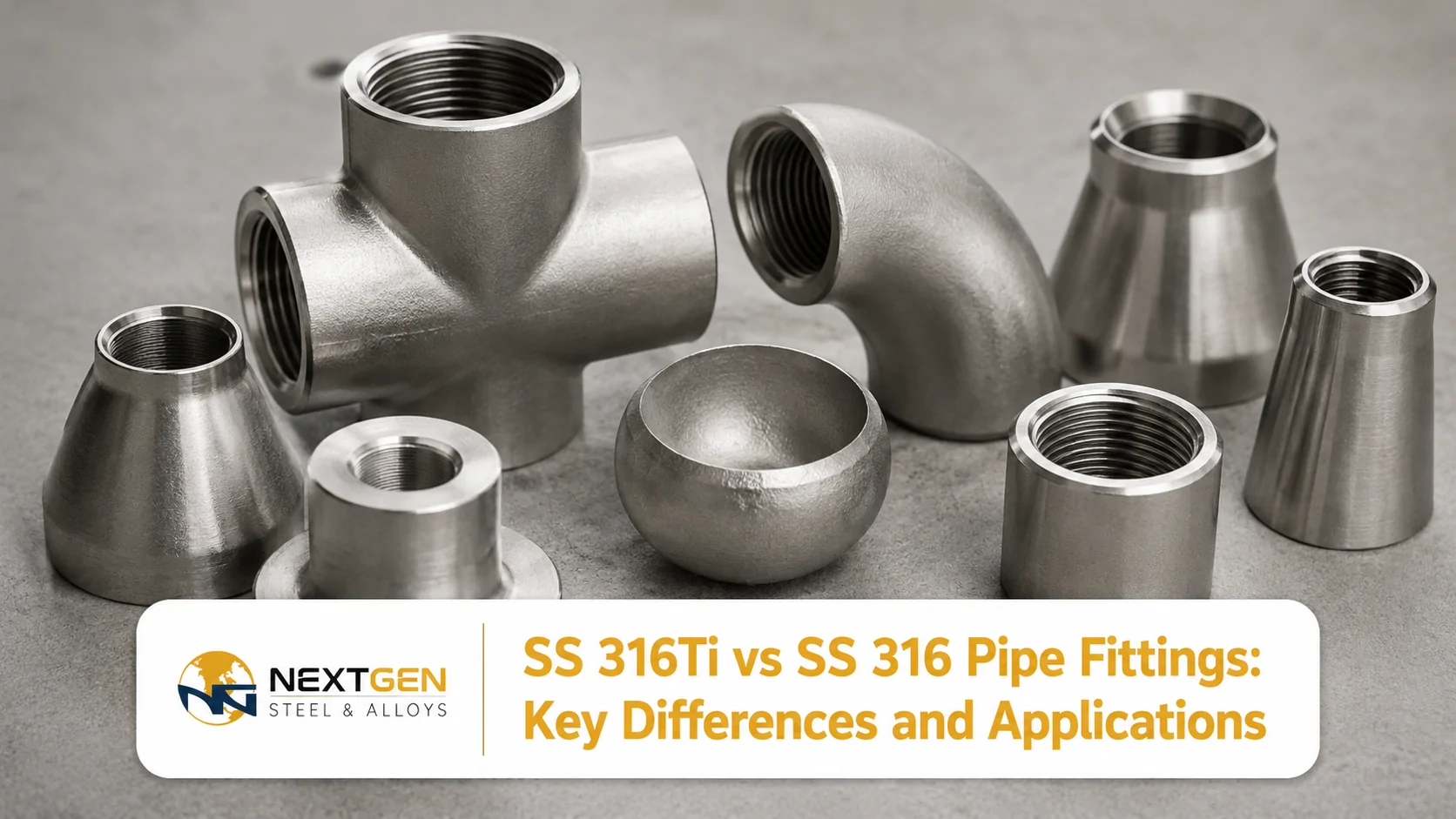 SS 316Ti stainless steel pipe fittings including elbows, tees, reducers, and couplings with a precision-machined finish.